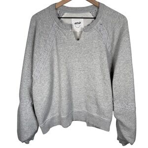 Aerie Lace Crochet Sweatshirt L Gray Oversized Balloon Sleeve Boho Cozy